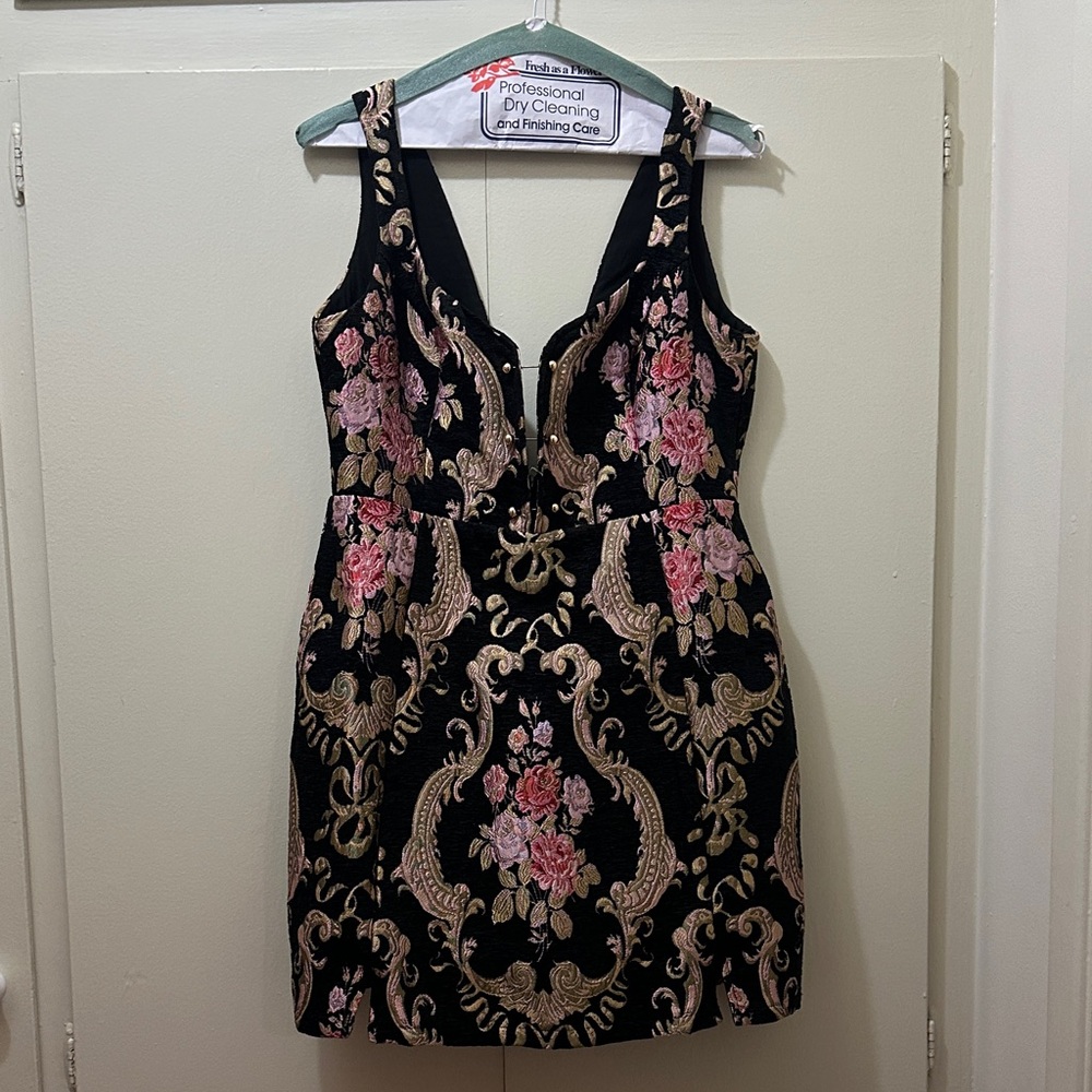For Love And Lemons Black Dress with Pink Floral Embroidery